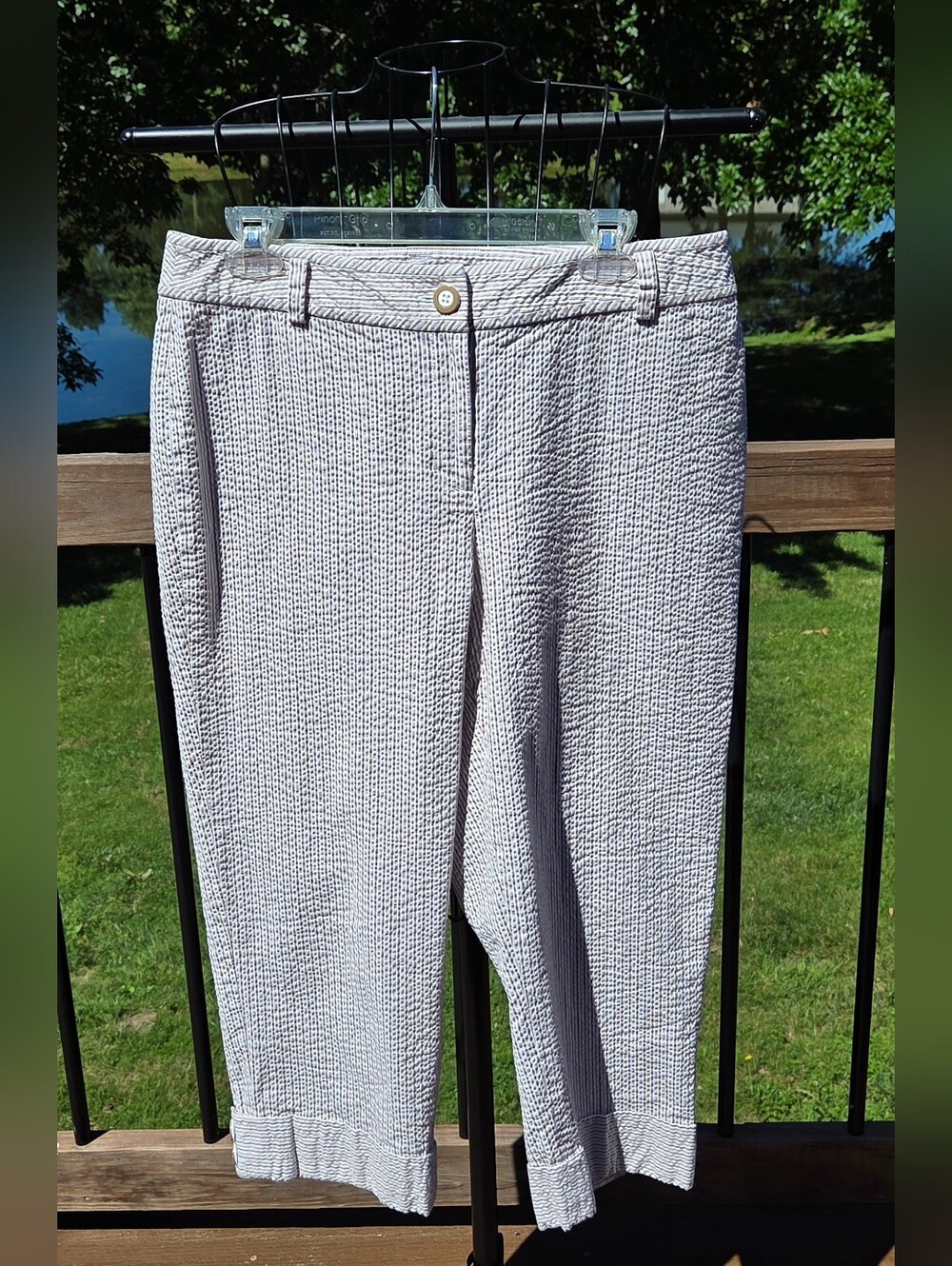 KASPER Women's Seersucker Brown & White Stripe Cuffed Capri Pants Summer Size 12
